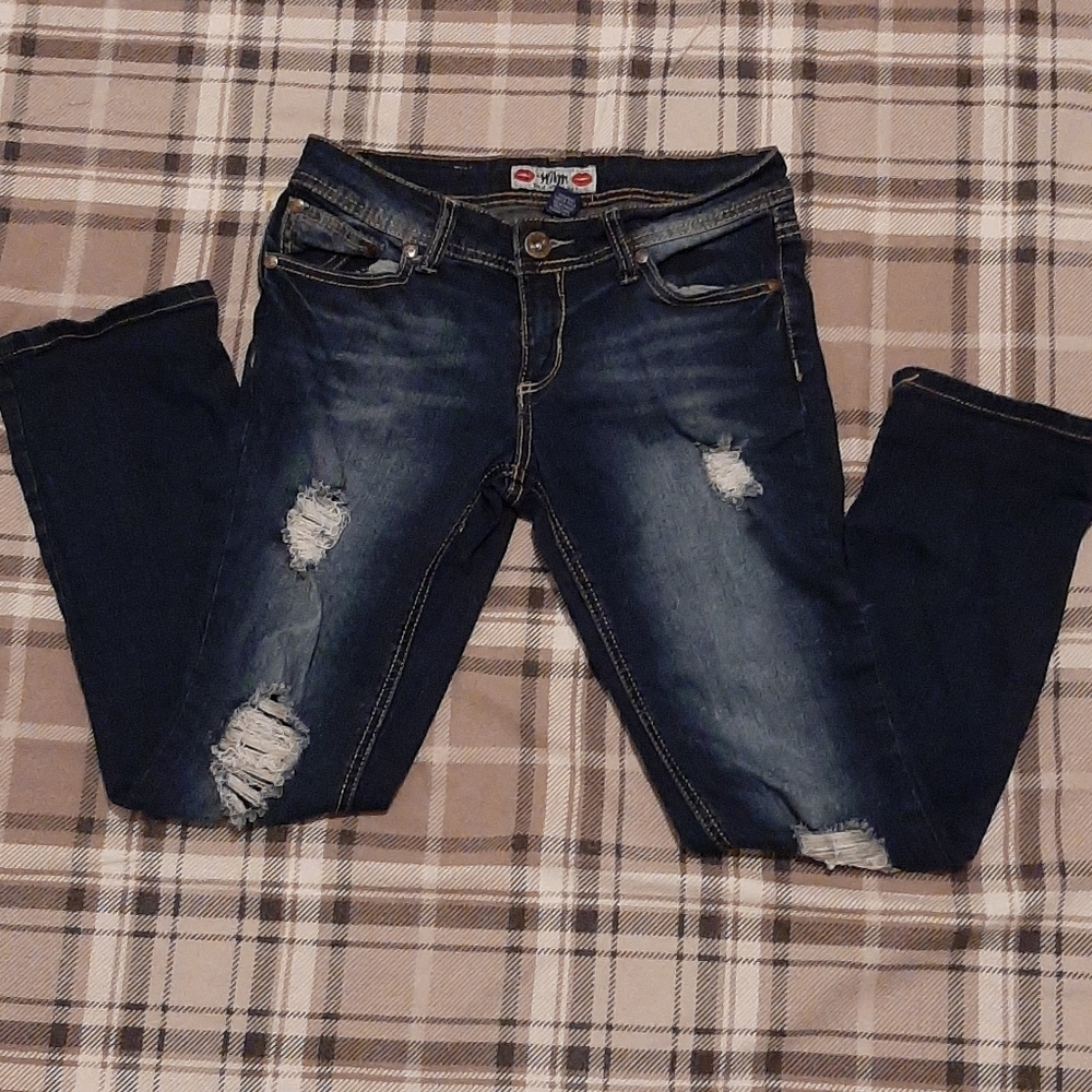 W.A.M Distressed Skinny Low Rise Dark Wash Distressed Stretch Jeans